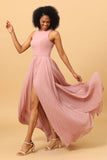 Blush Langes Chiffon Plissee Brautjungfernkleid mit Schlitz Formelle Abendkleider Ballkleider
