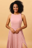 Blush Langes Chiffon Plissee Brautjungfernkleid mit Schlitz Formelle Abendkleider Ballkleider