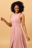 Blush Langes Chiffon Plissee Brautjungfernkleid mit Schlitz Formelle Abendkleider Ballkleider