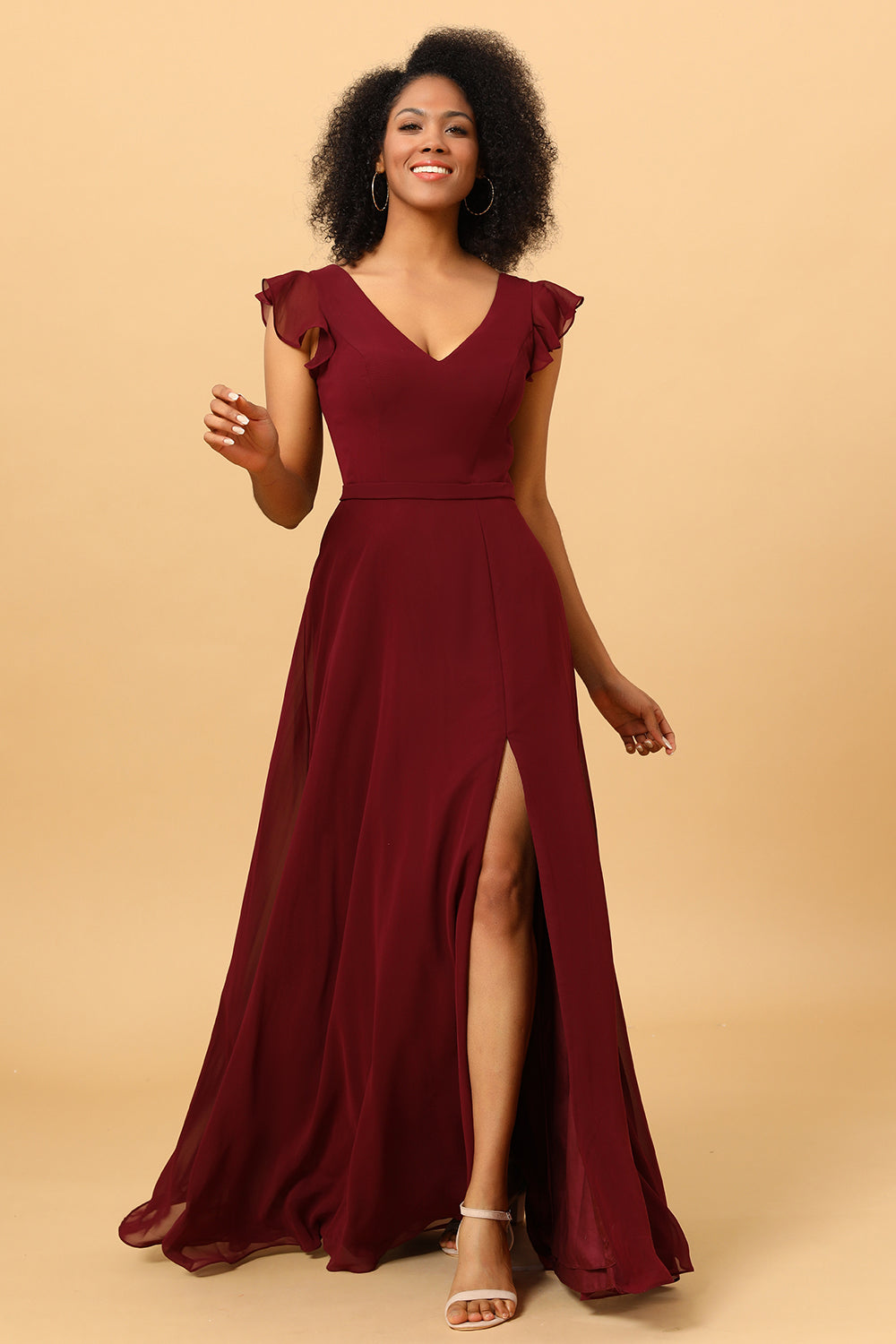 Vestido de dama de honor de gasa burdeos con abertura, vestidos formales de noche para fiesta de graduación