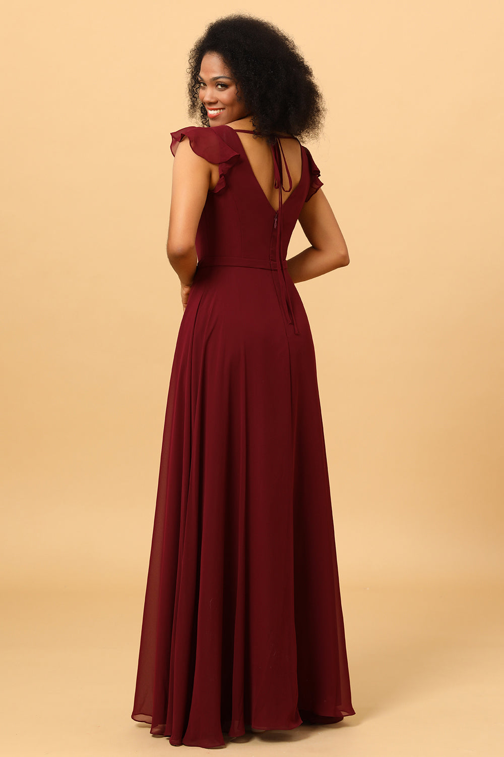 Vestido de dama de honor de gasa burdeos con abertura, vestidos formales de noche para fiesta de graduación