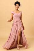 Ruffles Chiffon Pink Bridesmaid Dress with Slit Formal Evening Prom Dresses