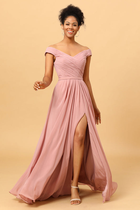 Ruffles Chiffon Pink Bridesmaid Dress with Slit Formal Evening Prom Dresses