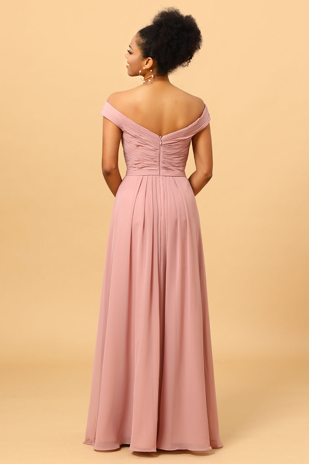 Ruffles Chiffon Pink Bridesmaid Dress with Slit Formal Evening Prom Dresses