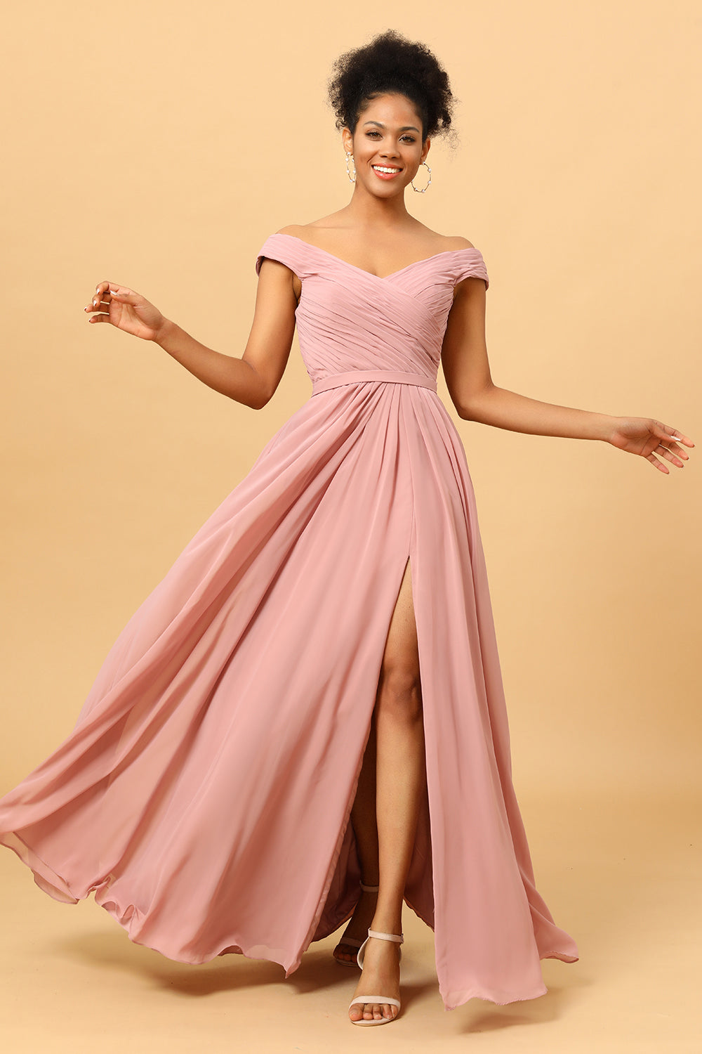 Ruffles Chiffon Pink Bridesmaid Dress with Slit Formal Evening Prom Dresses