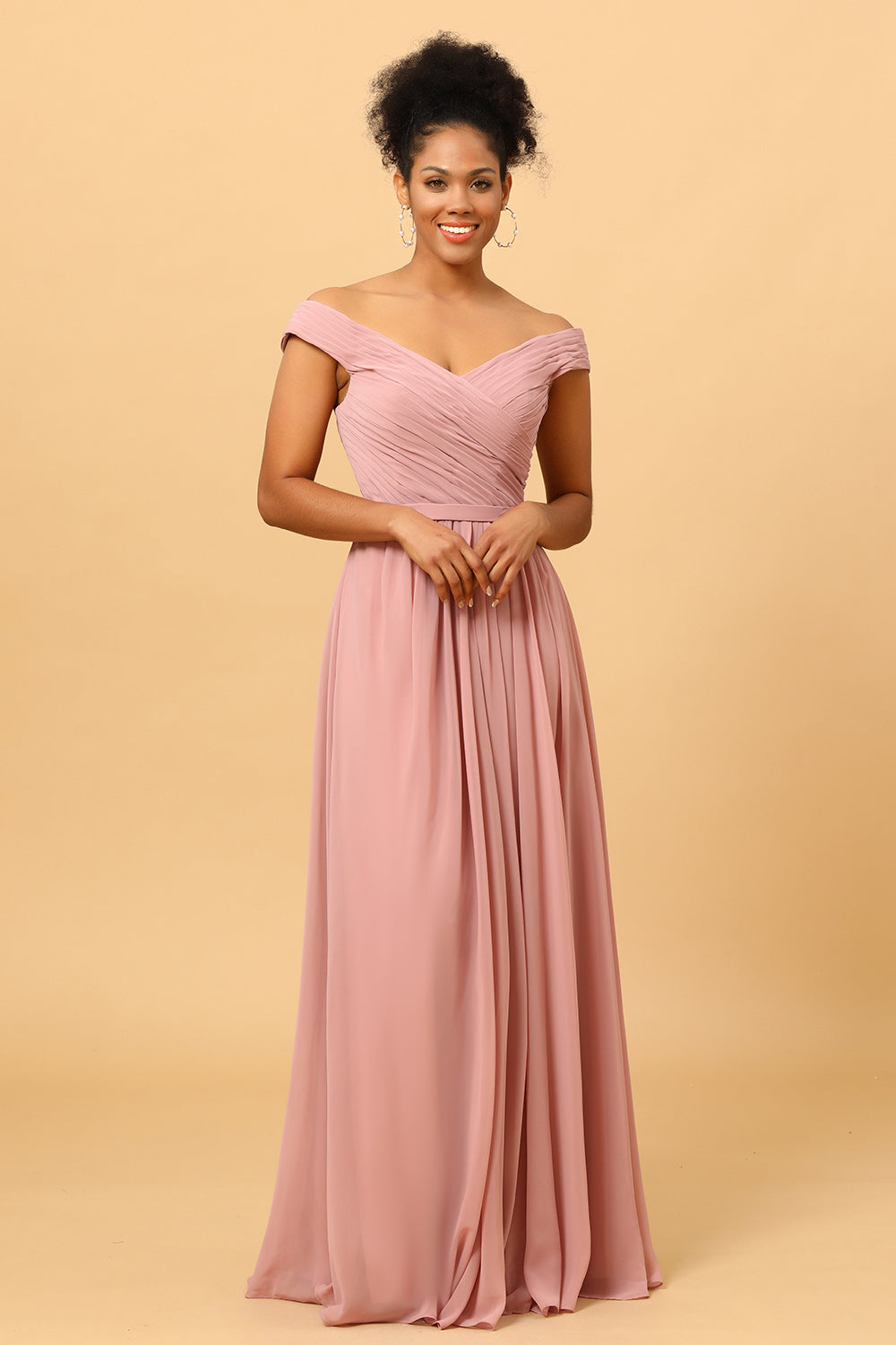 Ruffles Chiffon Pink Bridesmaid Dress with Slit Formal Evening Prom Dresses