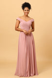 Ruffles Chiffon Pink Bridesmaid Dress with Slit Formal Evening Prom Dresses
