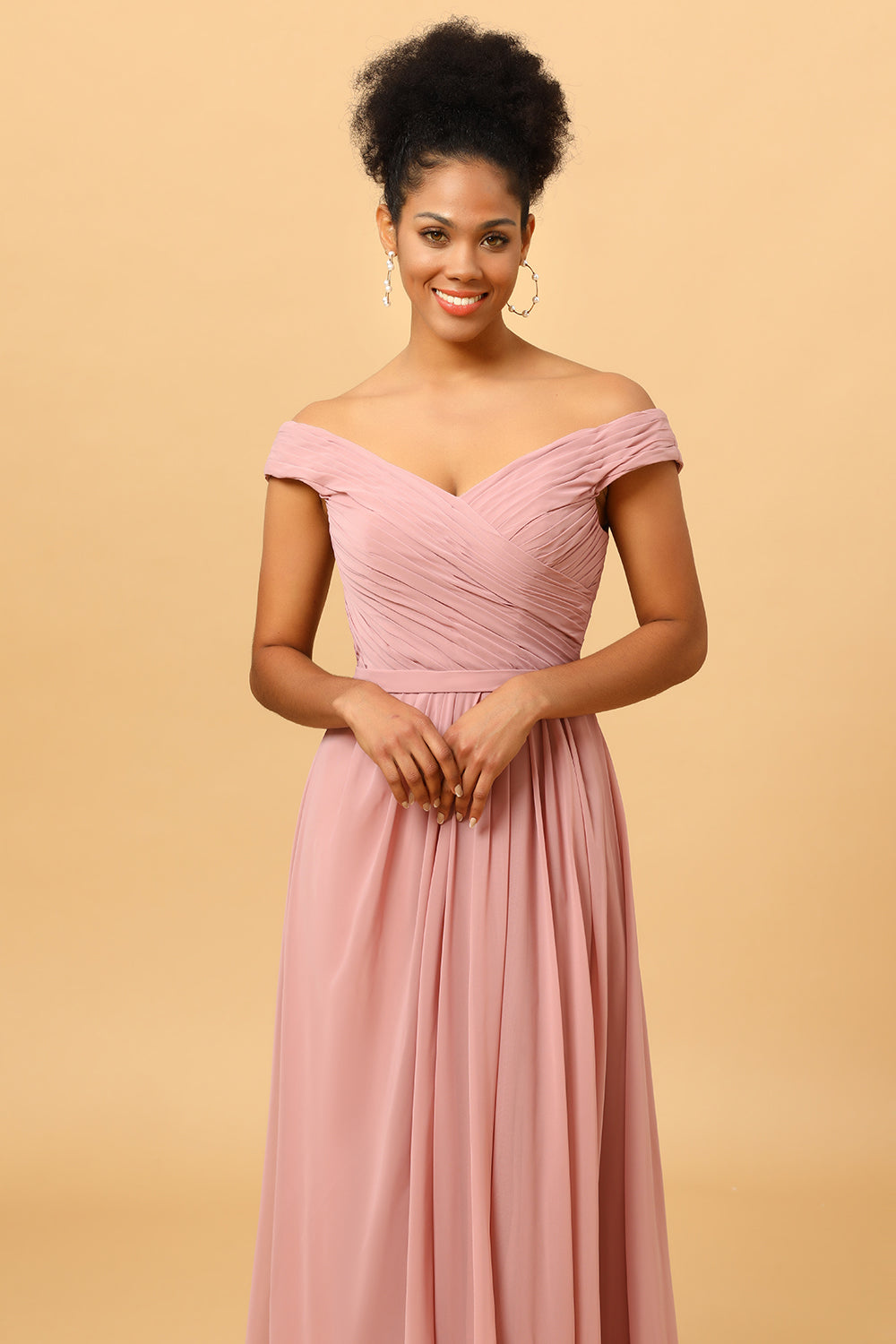 Ruffles Chiffon Pink Bridesmaid Dress with Slit Formal Evening Prom Dresses