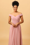 Ruffles Chiffon Pink Bridesmaid Dress with Slit Formal Evening Prom Dresses