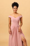 Ruffles Chiffon Pink Bridesmaid Dress with Slit Formal Evening Prom Dresses