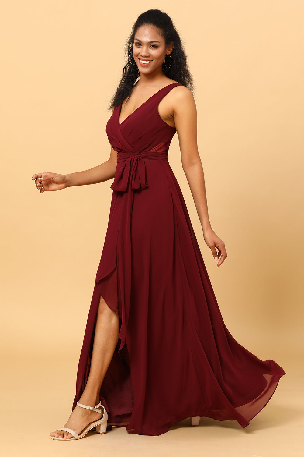 Burgundy Wrap Chiffon Bridesmaid Dress with Slit Formal Evening Prom Dresses
