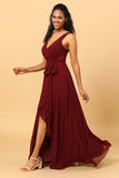 Burgundy Wrap Chiffon Bridesmaid Dress with Slit Formal Evening Prom Dresses