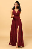 Burgundy Wrap Chiffon Bridesmaid Dress with Slit Formal Evening Prom Dresses