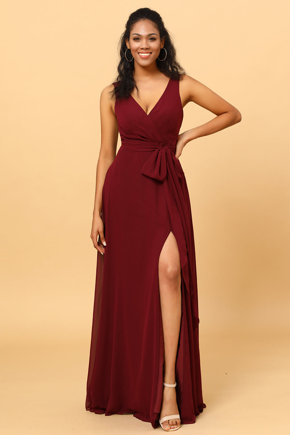 Burgundy Wrap Chiffon Bridesmaid Dress with Slit Formal Evening Prom Dresses