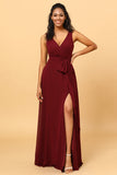 Burgundy Wrap Chiffon Bridesmaid Dress with Slit Formal Evening Prom Dresses