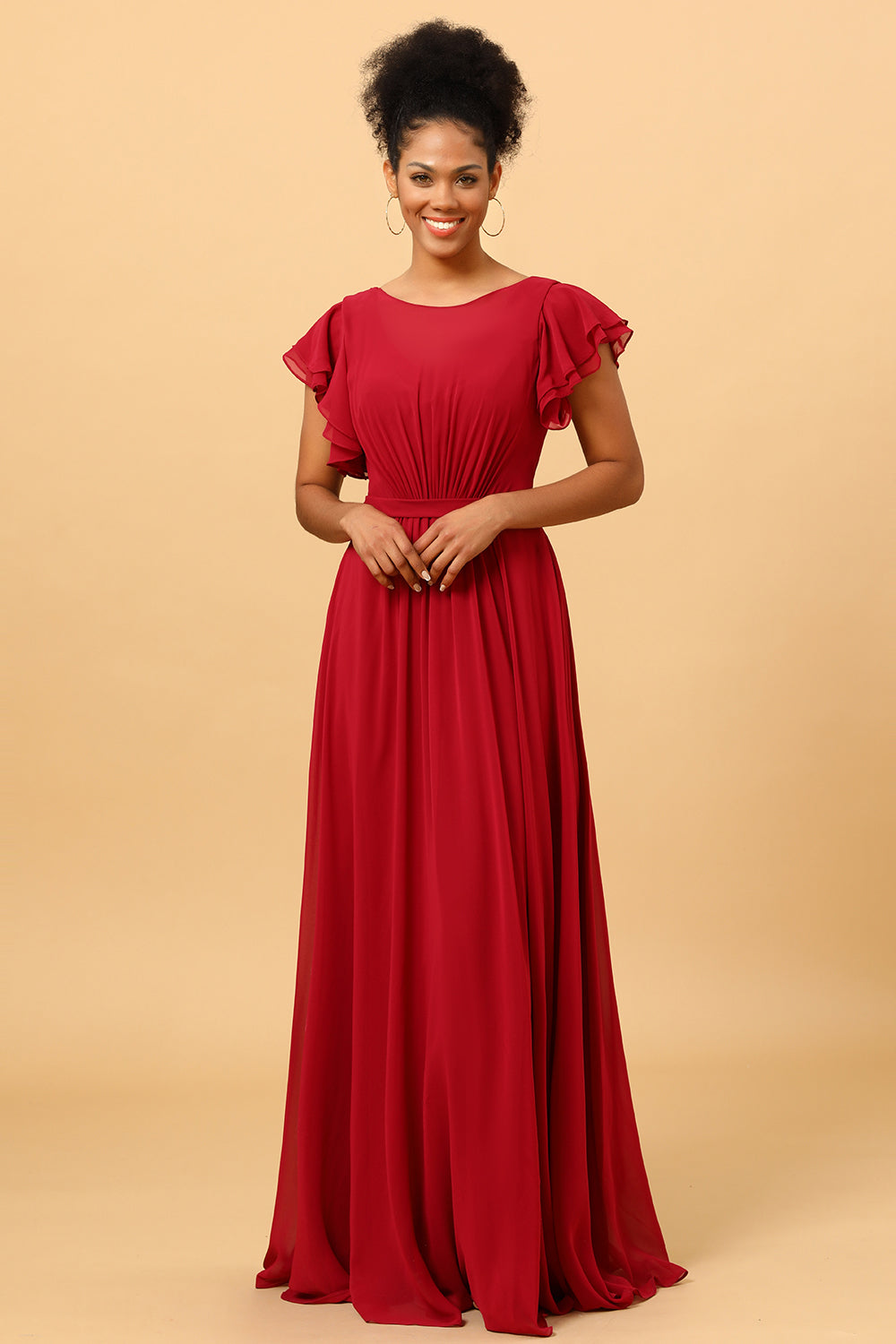Chiffon Burgundy Bridesmaid Dress with Ruffles Sleeves Mother of the Bride Dresses Evening Gowns
