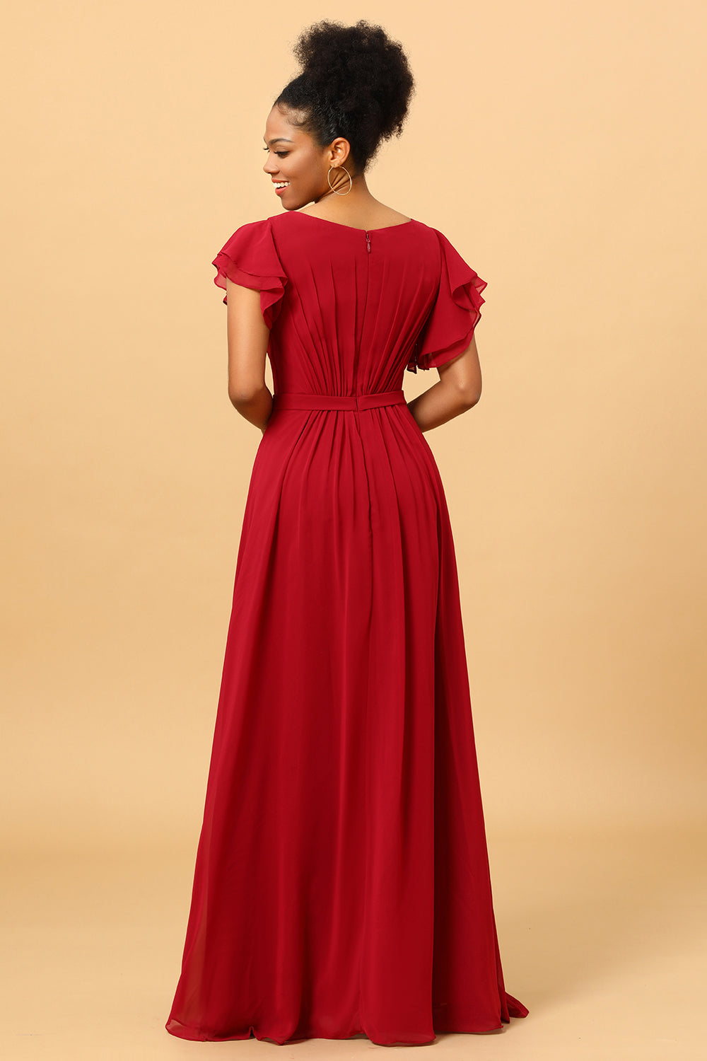 Chiffon Burgundy Bridesmaid Dress with Ruffles Sleeves Mother of the Bride Dresses Evening Gowns