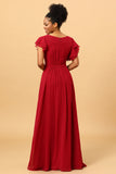 Chiffon Burgundy Bridesmaid Dress with Ruffles Sleeves Mother of the Bride Dresses Evening Gowns