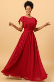 Chiffon Burgundy Bridesmaid Dress with Ruffles Sleeves Mother of the Bride Dresses Evening Gowns
