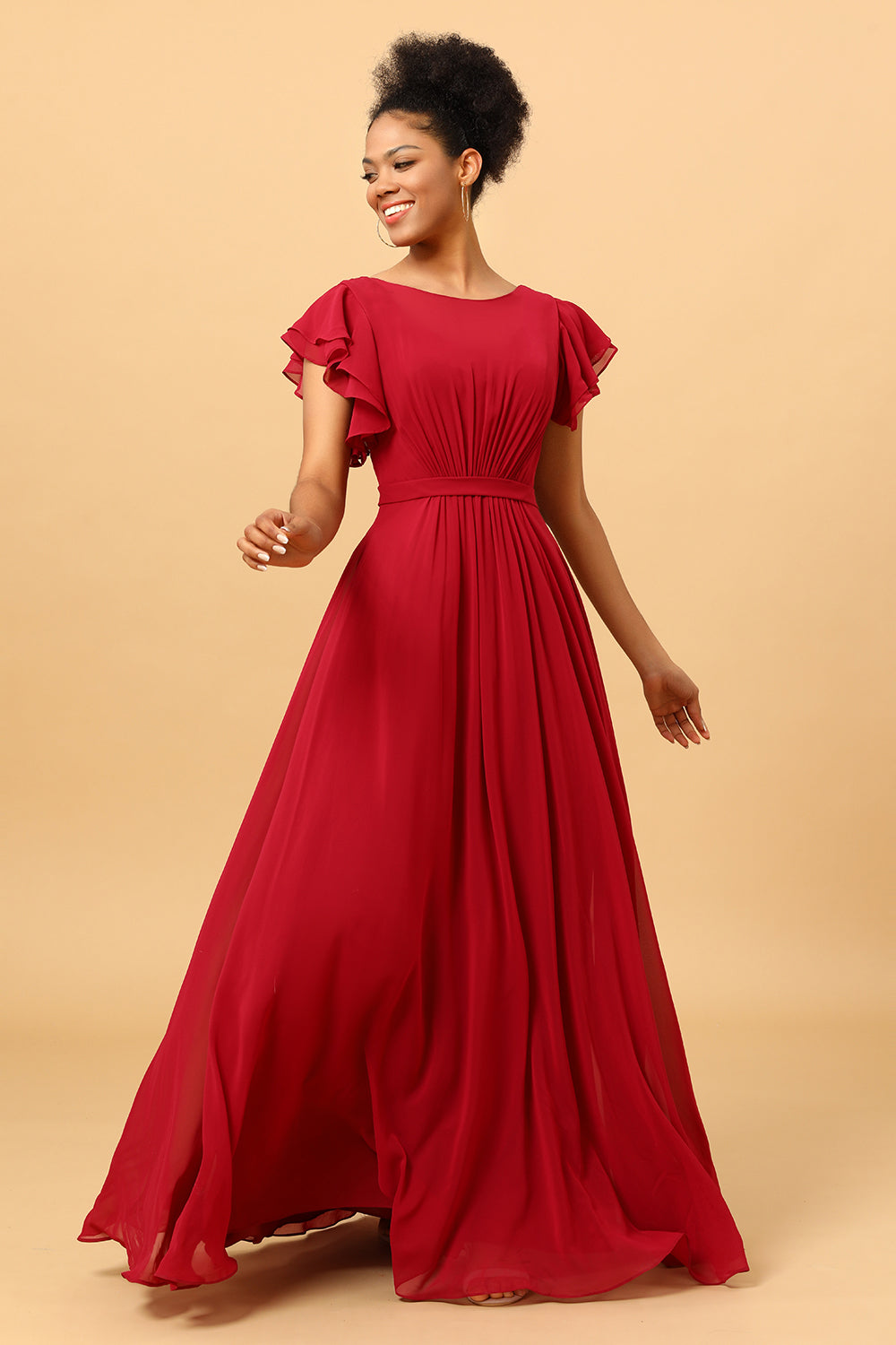 Chiffon Burgundy Bridesmaid Dress with Ruffles Sleeves Mother of the Bride Dresses Evening Gowns