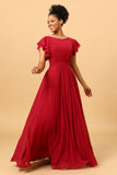 Chiffon Burgundy Bridesmaid Dress with Ruffles Sleeves Mother of the Bride Dresses Evening Gowns