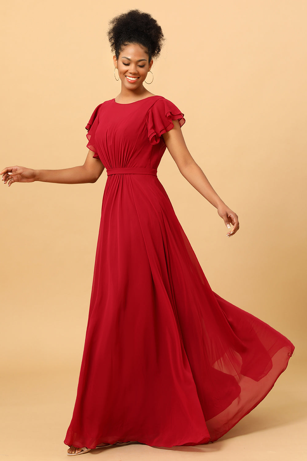 Chiffon Burgundy Bridesmaid Dress with Ruffles Sleeves Mother of the Bride Dresses Evening Gowns