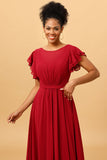 Chiffon Burgundy Bridesmaid Dress with Ruffles Sleeves Mother of the Bride Dresses Evening Gowns