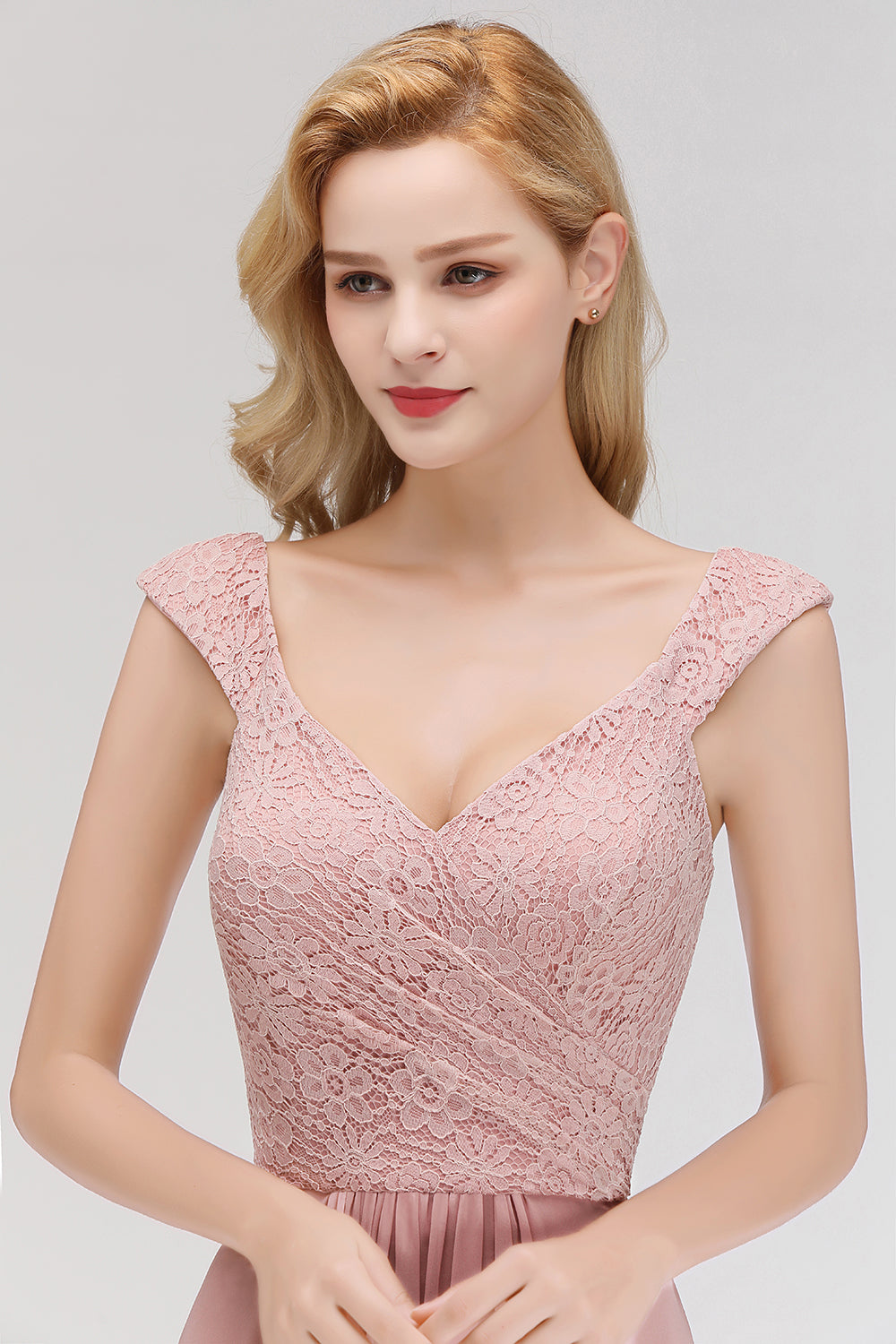 Pink Lace Straps Bridesmaid Dresses Floor Length Sleeveless Evening Dresses Online