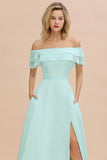 Pretty Off the Shoulder Mini-Green Front Slit Bridesmaid Dress Evening Mother of the Bride Dresses
