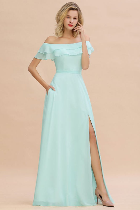 Pretty Off the Shoulder Mini-Green Front Slit Bridesmaid Dress Evening Mother of the Bride Dresses