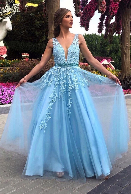 Hellblaues langes Ballkleid aus Spitze für Teenager 