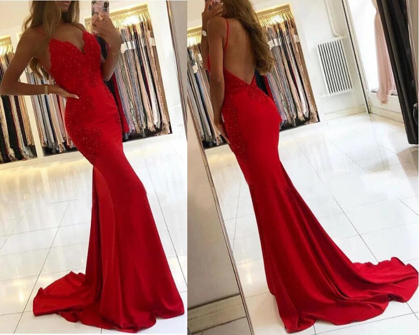 Mermaid Red Prom Dress Low Back, Formal Dress, Evening Dress, Dance Dresses, School Party Gown, KB0790