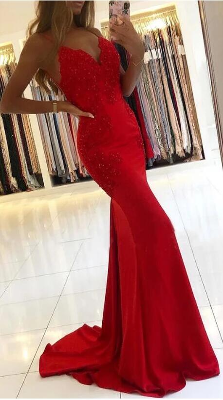 Mermaid Red Prom Dress Low Back, Formal Dress, Evening Dress, Dance Dresses, School Party Gown, KB0790