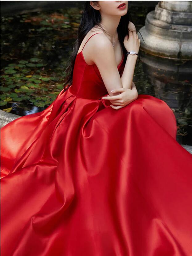 Red Satin Prom Dresses Long Formal Dress Pageant Dance Dresses Back To School Party Gown Evening Dress