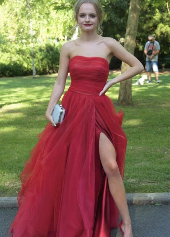 Red Prom Dress Slit Skirt Formal Dress Pageant Dance Dresses Party Gown Evening Dress