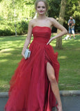 Red Prom Dress Slit Skirt Formal Dress Pageant Dance Dresses Party Gown Evening Dress
