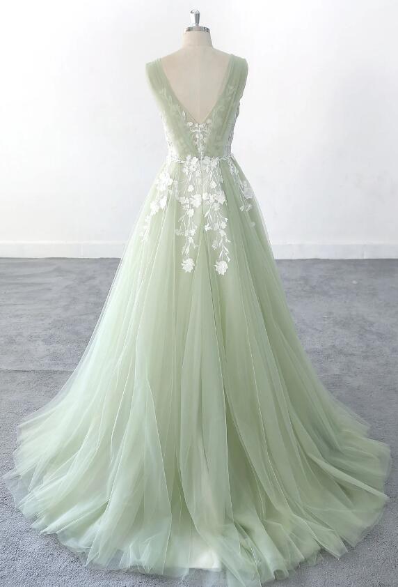 Light Green Prom Dress Long ,Colored Wedding Dresses, V Neck Tulle Lac Light Green Prom Dress Long ,Colored Wedding Dresses, V Neck Tulle Lac