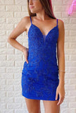 Royal Blue Straps Leaf Lace Homecoming Dress KB1136