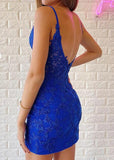 Royal Blue Straps Leaf Lace Homecoming Dress KB1136