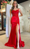 Red Spaghetti Straps Lace Appliques Prom Dress with Slit KB1200