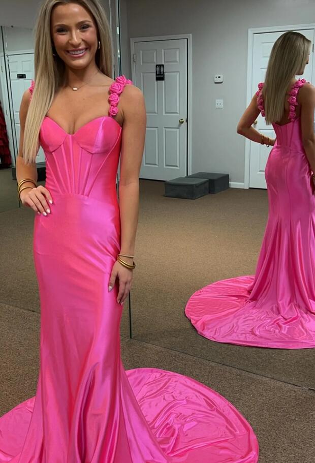 Langes Ballkleid aus Satin im Meerjungfrau-Stil mit Blumenträgern KB1214 