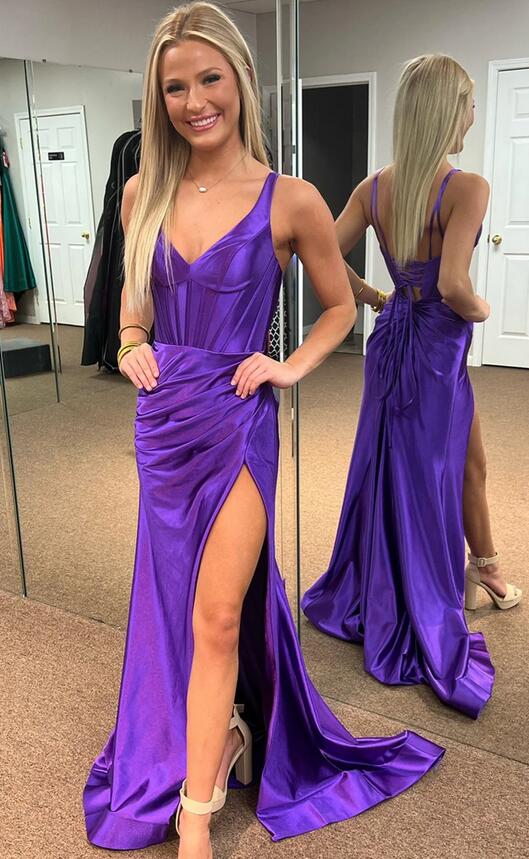 Mermaid Satin V Neck Long Prom Dress with Slit KB1216