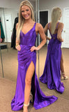 Mermaid Satin V Neck Long Prom Dress with Slit KB1216
