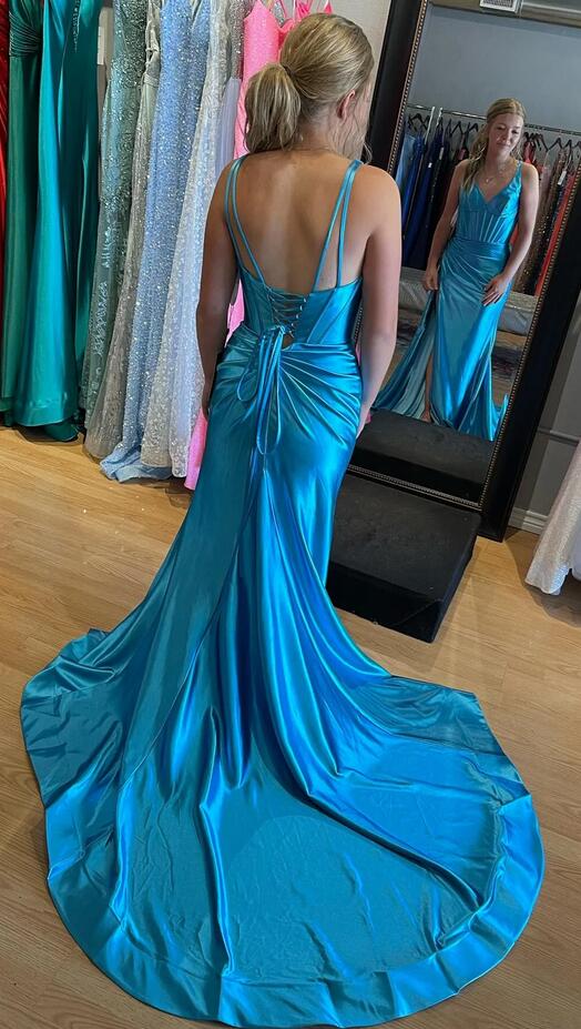 Mermaid Satin V Neck Long Prom Dress with Slit KB1216