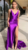 Mermaid Satin V Neck Long Prom Dress with Slit KB1216