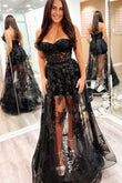 Schwarzes trägerloses langes A-Linien-Ballkleid KB1248