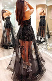 Schwarzes trägerloses langes A-Linien-Ballkleid KB1248