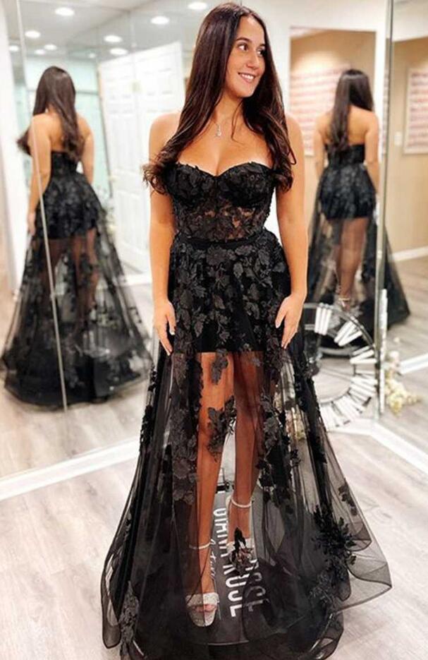 Schwarzes trägerloses langes A-Linien-Ballkleid KB1248