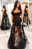 Schwarzes trägerloses langes A-Linien-Ballkleid KB1248