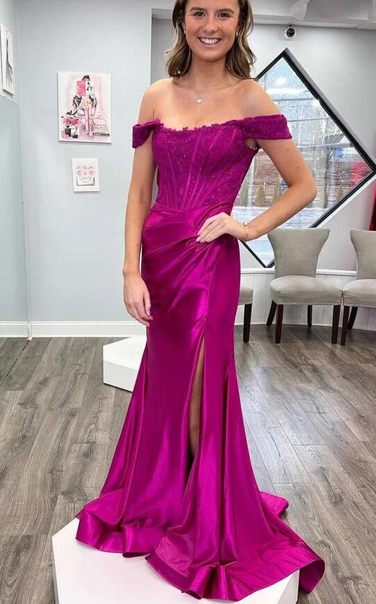Off the Shoulder Satin Mermaid Long Prom Dress with Lace Top  KB1288